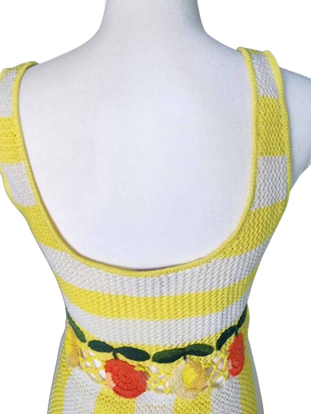 STAUD Yellow and White Striped Crochet Midi Dress with Fruit Trim - Picture 6 of 12
